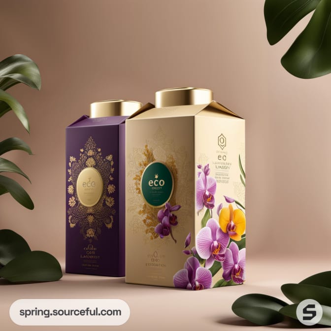 Two elegant cartons, one purple with intricate gold patterns, and one beige with orchids, surrounded by green leaves.