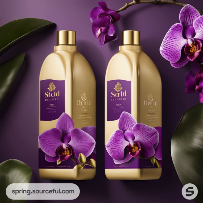 Two gold shampoo bottles with purple labels, featuring purple orchid flowers, set against a purple background with leaves.