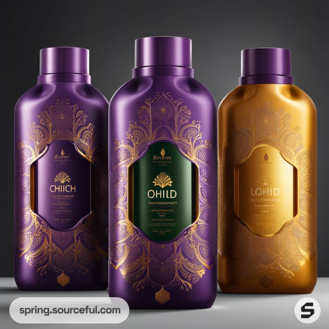 Luxurious purple and gold shampoo bottles with ornate floral patterns on a dark background.