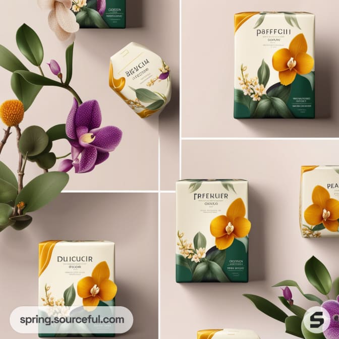 Floral-patterned packaging with vibrant purple and orange flowers on mailer boxes against a soft beige background.