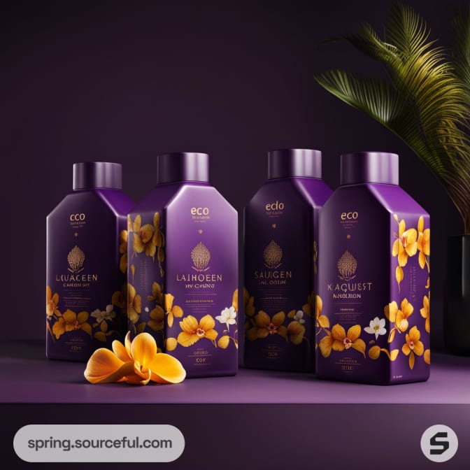 Purple bottles with floral design and yellow flowers in a decorative arrangement.