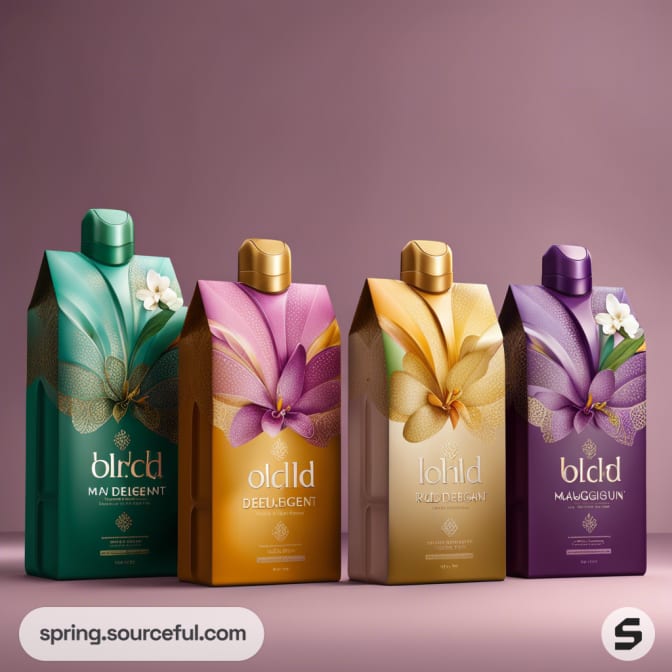 Four colorful carton packages with floral designs, each featuring a different flower and vibrant background hues.