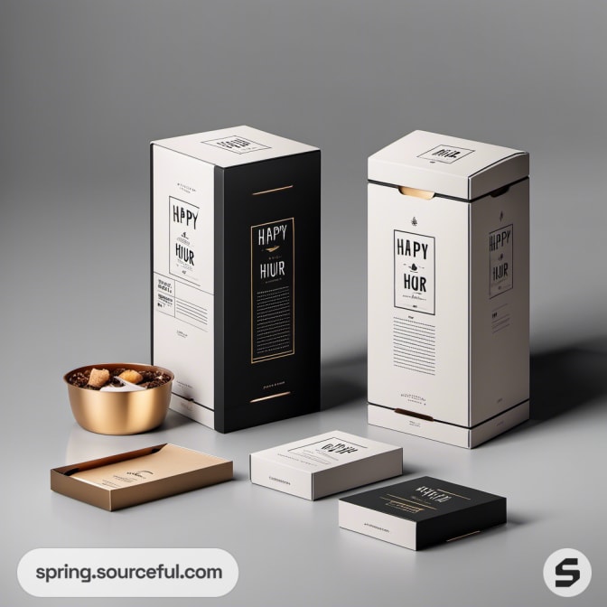 Black and white mailer boxes with "Happy Hour" branding next to cocktail ingredients.