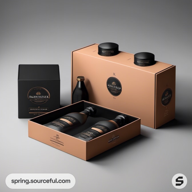 Brown and black packaging for bottles and jars with minimalist design.