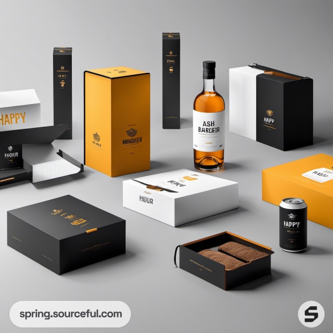 Assorted black, white, and orange beverage packaging, including boxes and a bottle.
