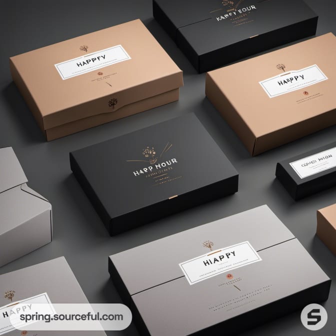 Assortment of black, white, and brown "Happy Hour" gift boxes with clean design.