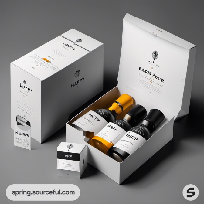 White box with "Happy Hour" branding containing black and white bottles.