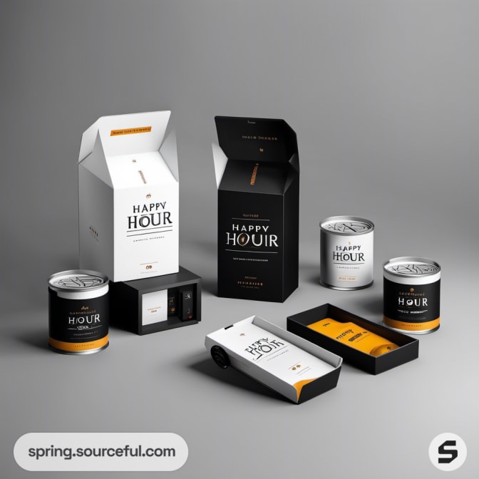 Assorted "Happy Hour" cans and boxes with black, white, and orange colors.
