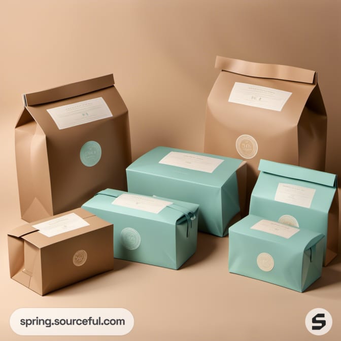 Brown and teal paper bags with minimalist design set against a neutral background.