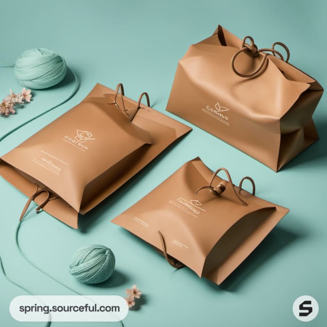 Brown and teal paper shopping bags with handles on a pastel teal backdrop.