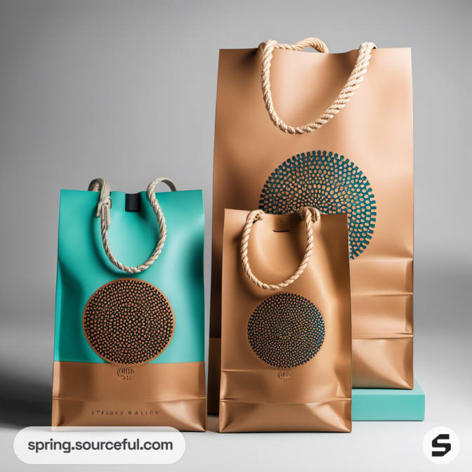 Assorted brown and teal paper bags with circular patterns on a grey background.
