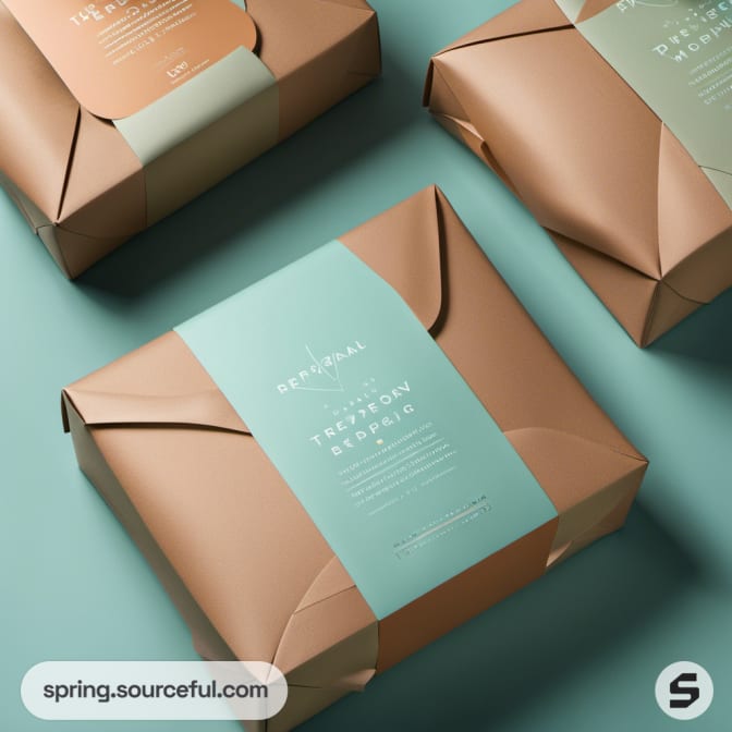 Close-up of brown and teal folded paper gift boxes on a teal background.