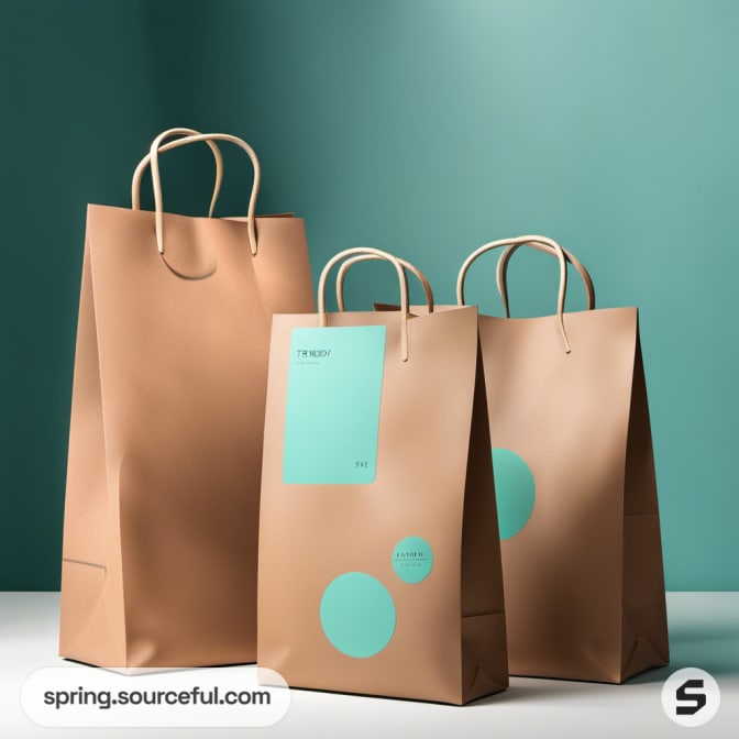 Brown paper shopping bags with teal accents on a teal background.