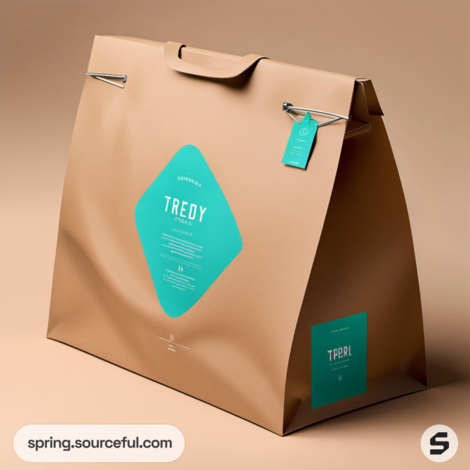 Large brown paper bag with teal diamond-shaped label on a beige background.