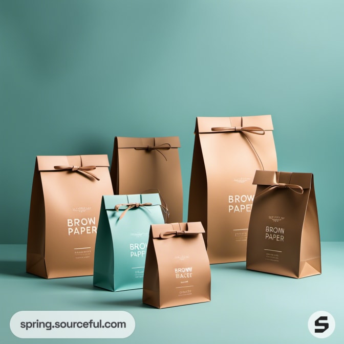 Set of brown and teal paper bags with bows on a teal background.