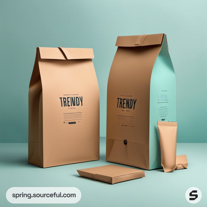 Tall brown and teal trendy paper bags on a teal backdrop.