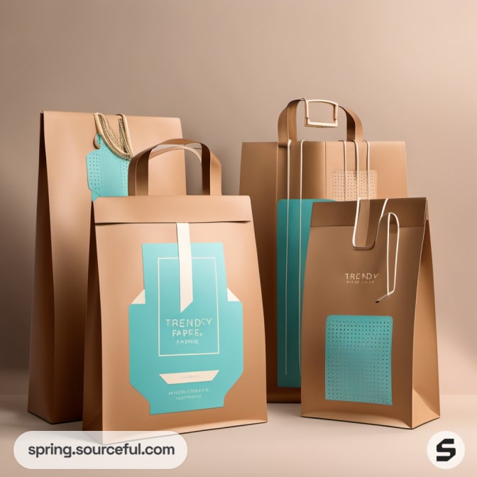Brown and teal paper bags with handles and graphic designs on a beige background.