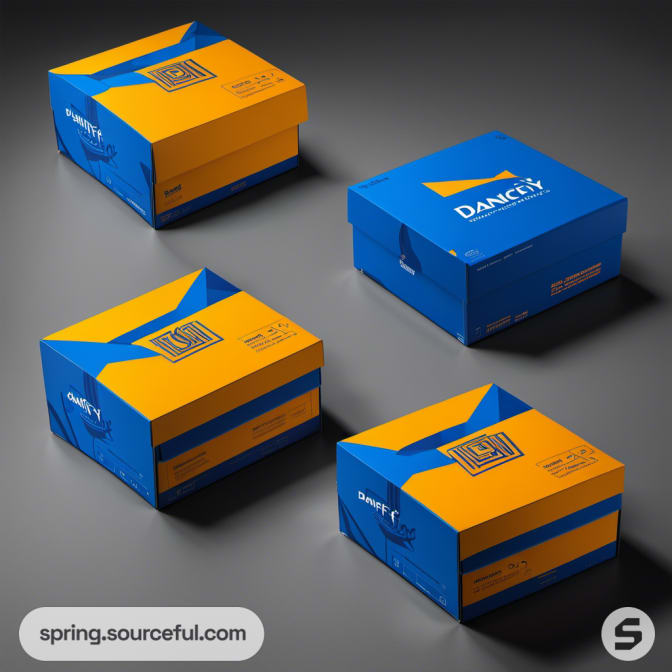 Four blue and orange mailer boxes with angular design patterns on a gray surface.