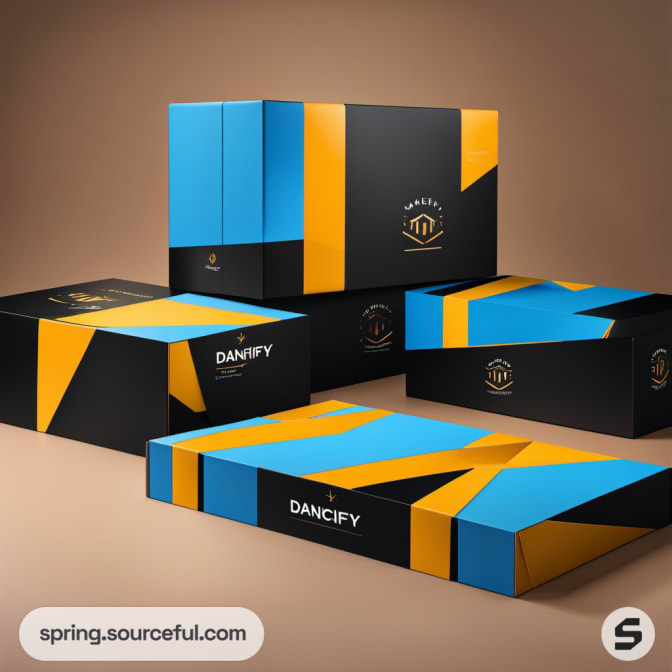 Black and blue large mailer boxes with abstract orange and blue pattern accents.