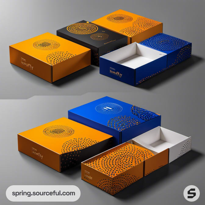 Orange and blue sliding boxes with intricate circular patterns on a gray surface.