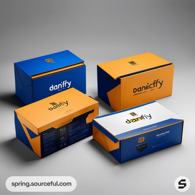 Blue and orange mailer boxes with modern design details and text panels.