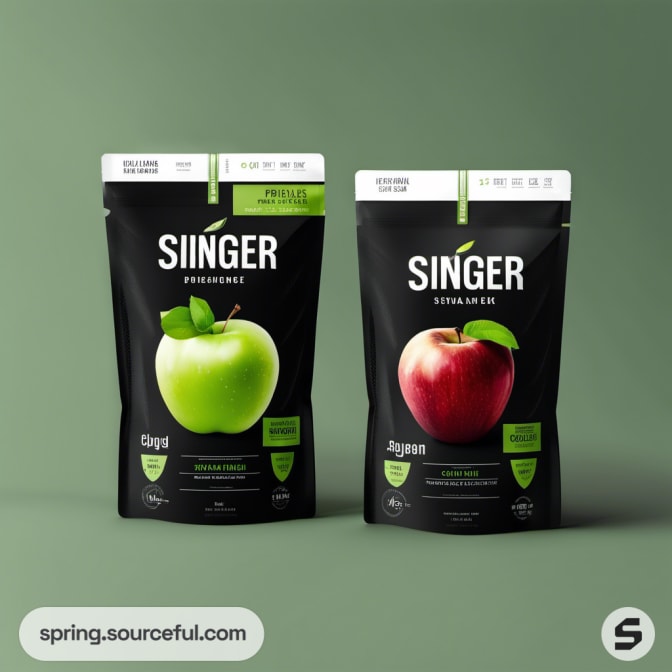 Two black resealable pouches with green and red apples on front.