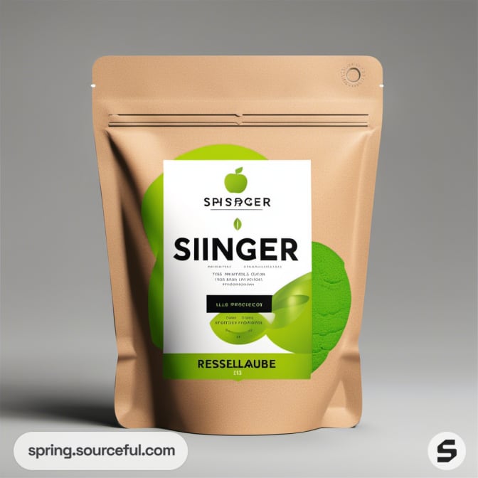 Brown resealable pouch with green apple graphic and white label.