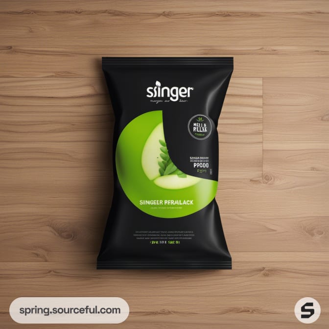 Black snack bag with green apple slice graphic on wooden surface.