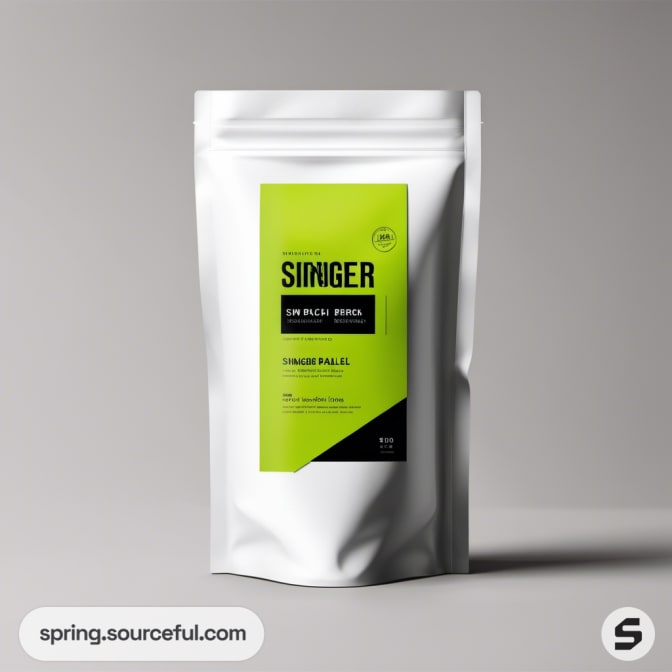 White resealable pouch with green label on neutral background.