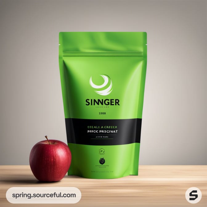 Green resealable pouch with black stripe, red apple beside.