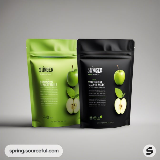Two green and black pouches with whole and sliced apples.