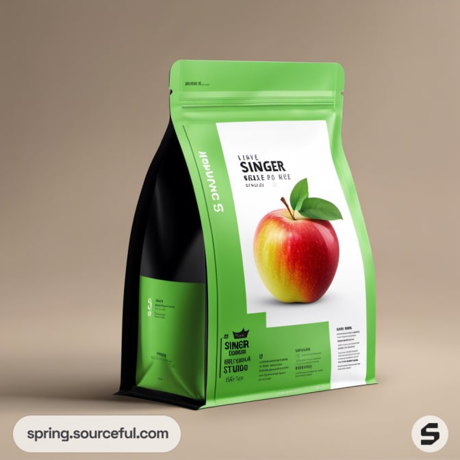 Green and black stand-up pouch with red apple graphic.
