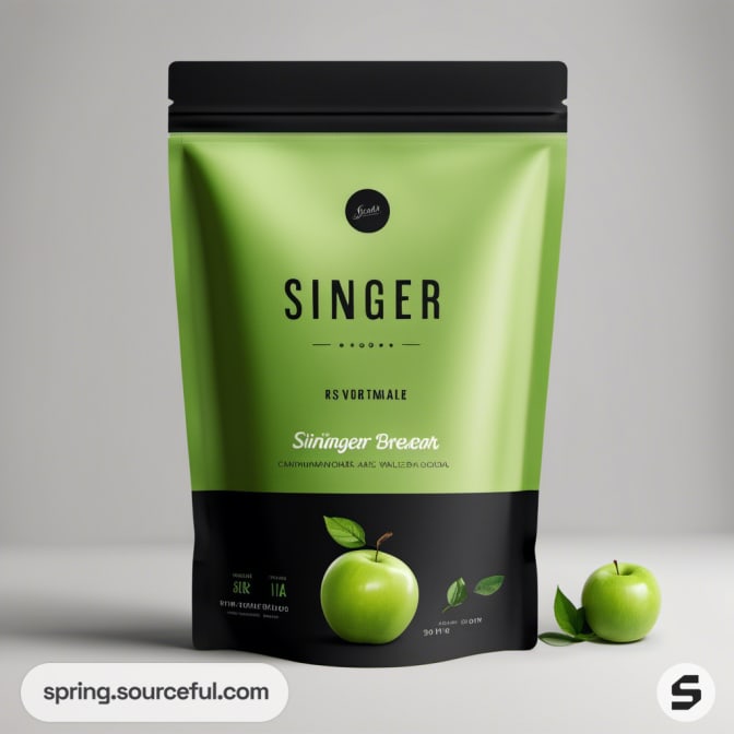 Green resealable pouch with black stripe and green apple graphic.