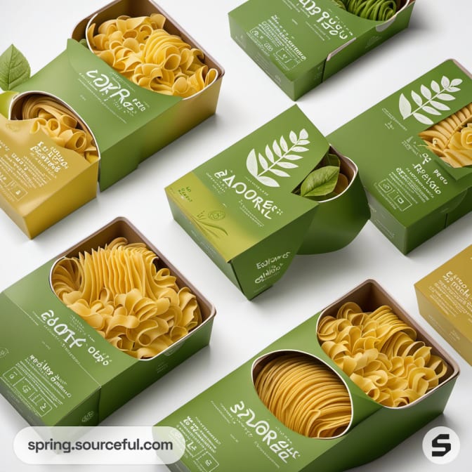 Boxes with transparent windows displaying ribbon-shaped pasta in green and yellow, on a white surface with herbs.