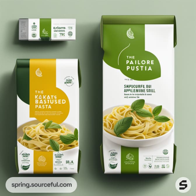 Tall and small rectangular pasta boxes with white, green, and orange designs, featuring images of pasta.