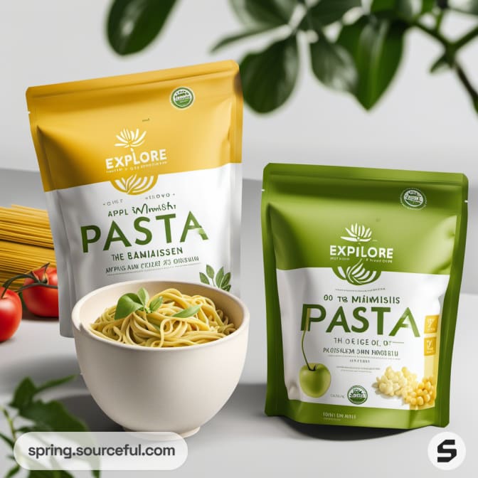 Two resealable pouches of pasta, one yellow and one green, next to a bowl of cooked pasta with vegetables.