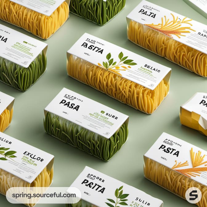 Clear rectangular boxes with white labels, containing green and yellow pasta, arranged on a light green background.