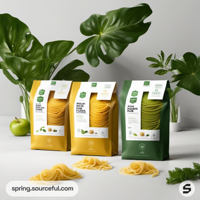 Stand-up bags of pasta in green and yellow with plant decorations, apples and herbs as background decor.