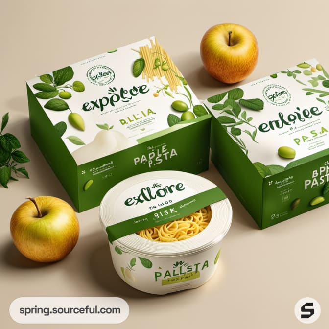 Boxes and bowls with lids, packaging pasta with green leaf motifs, apples on a neutral background.