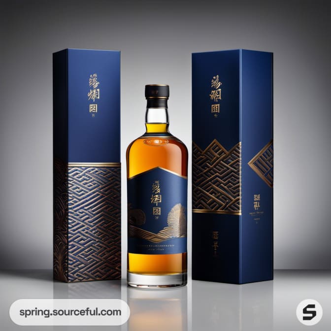 Elegant whiskey bottle with dark blue and gold packaging.