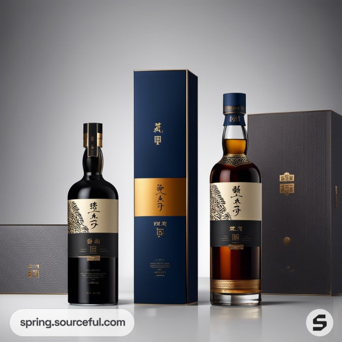 Two whiskey bottles with dark sleeves and intricate designs.
