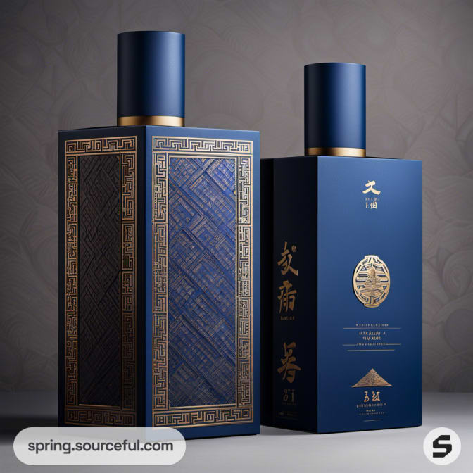 Blue and gold bottles with detailed geometric packaging.