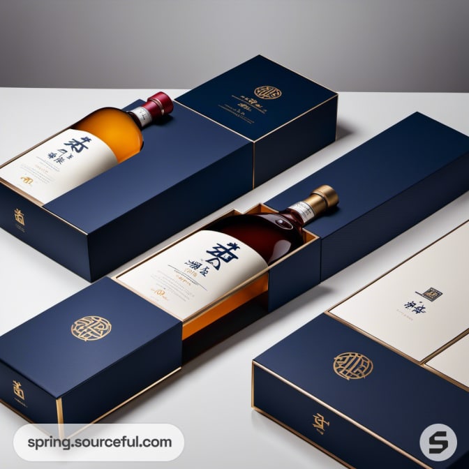 Open boxes revealing whiskey bottles with gold accents.