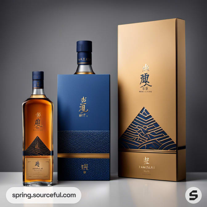 Stylish whiskey bottle in blue and gold textured packaging.