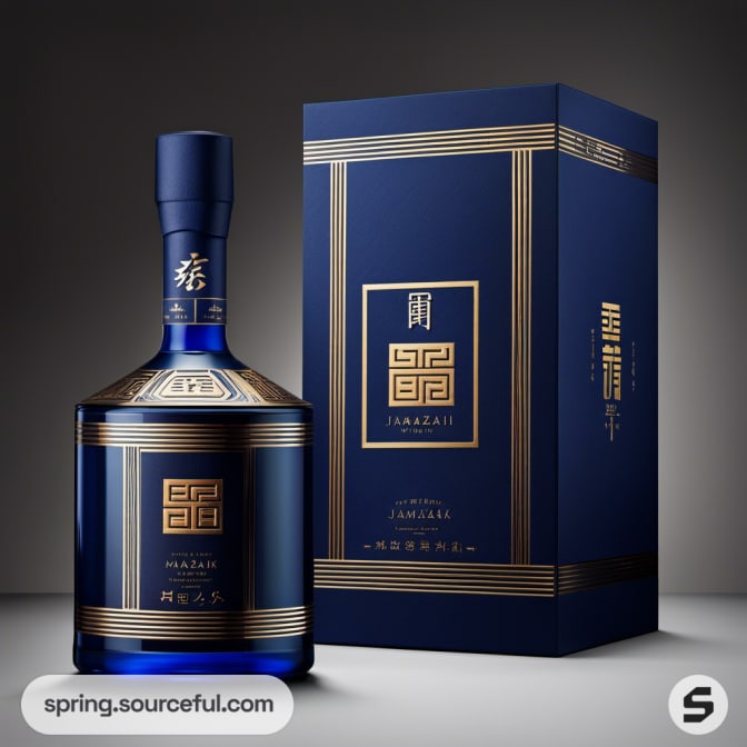 Deep blue bottle with gold patterns and matching box.