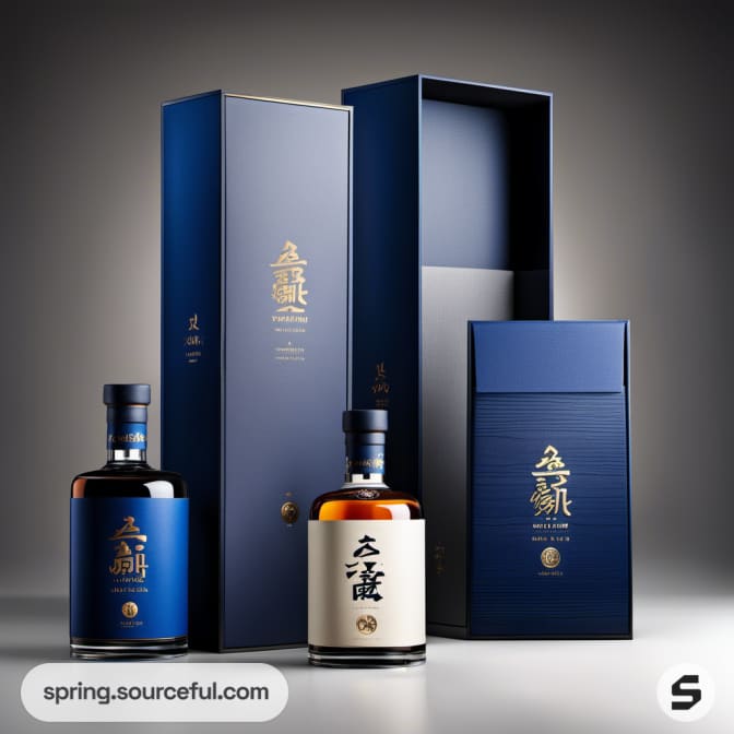 Bottles with tall navy and grey packaging.