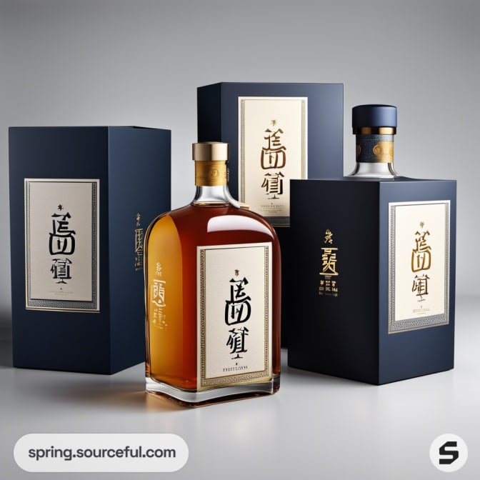 Whiskey bottles in gold and deep blue boxes.
