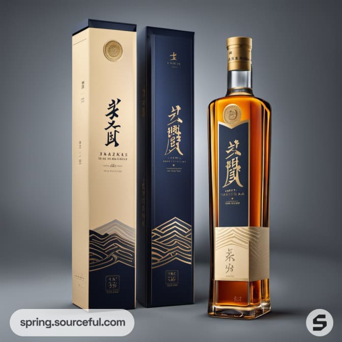 Tall whiskey bottle with navy and beige packaging.