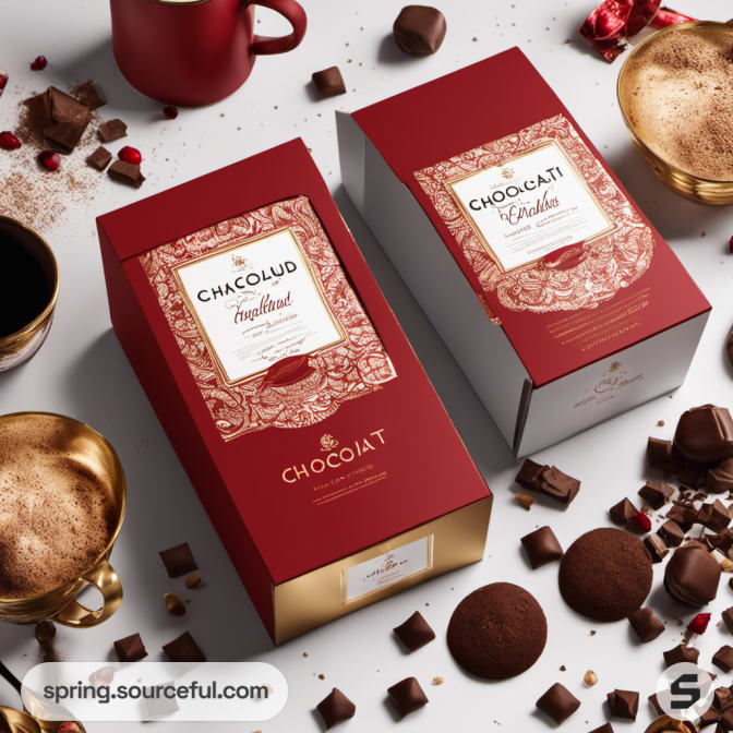 Two chocolate boxes with ornate designs, surrounded by chocolates, cups, and golden bowls.