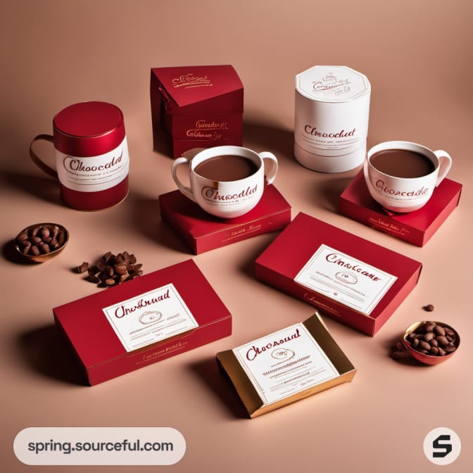 Assortment of red and white chocolate boxes with cups, bars, and nuts on beige background.